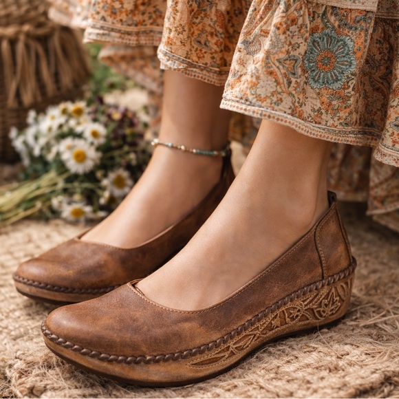 Clark’s artisan Shoes - Clarks Artisan Brown Leather Ballet Flats Carved Wedge Heel Size 8 Boho Comfort